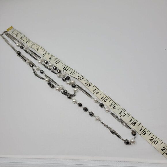Express Layered Opera Necklace Gunmetal Faux Pearl 38" - Picture 4 of 5
